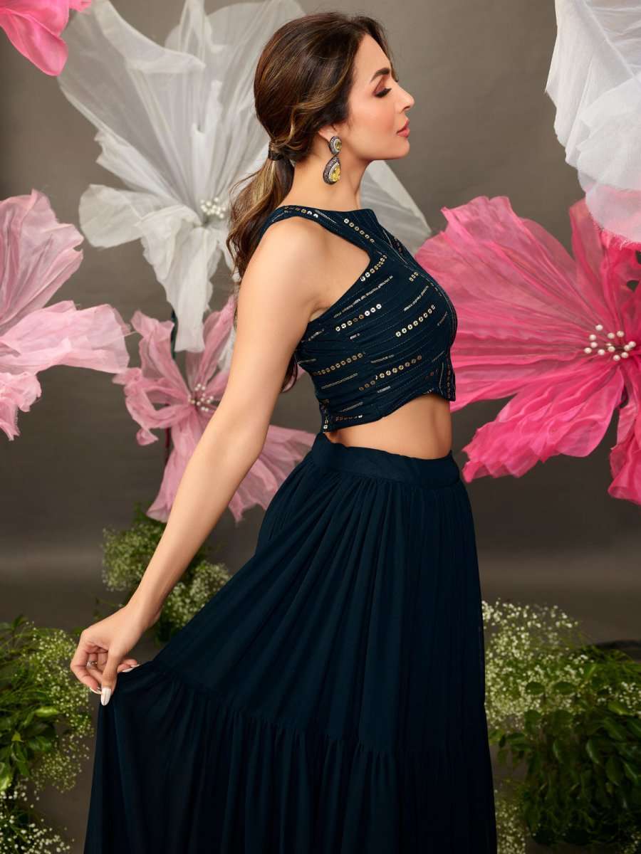 Malaika Arora Stylish Navy Blue Embellished Top with Solid Skirt - Inddus.com