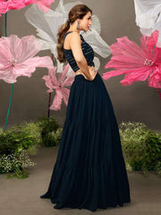 Malaika Arora Stylish Navy Blue Embellished Top with Solid Skirt - Inddus.com