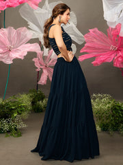 Malaika Arora Stylish Navy Blue Embellished Top with Solid Skirt - Inddus.com