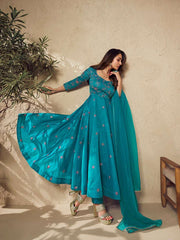 Malaika Arora Turquoise Blue Multi Thread and Sequines Embroidered Anarkali Kurta Set - Inddus.com