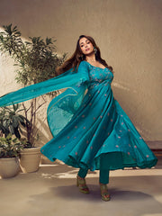 Malaika Arora Turquoise Blue Multi Thread and Sequines Embroidered Anarkali Kurta Set - Inddus.com