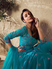 Malaika Arora Turquoise Blue Multi Thread and Sequines Embroidered Anarkali Kurta Set - Inddus.com