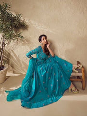 Malaika Arora Turquoise Blue Multi Thread and Sequines Embroidered Anarkali Kurta Set - Inddus.com