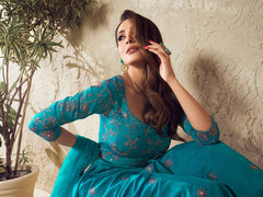 Malaika Arora Turquoise Blue Multi Thread and Sequines Embroidered Anarkali Kurta Set - Inddus.com