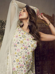Malaika Arora White Floral Multi Thread and Sequines Embroidered Kurta Set - Inddus.com