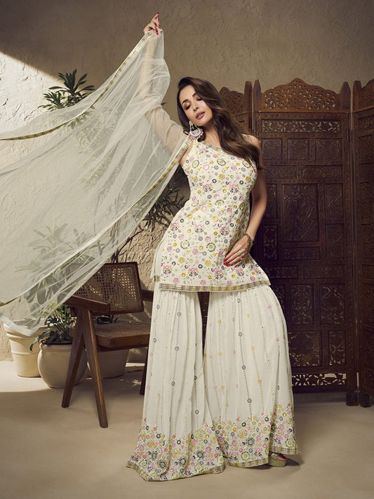 Malaika Arora White Floral Multi Thread and Sequines Embroidered Kurta Set - Inddus.com