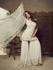Malaika Arora White Floral Multi Thread and Sequines Embroidered Kurta Set - Inddus.com