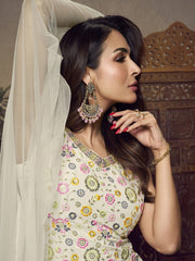Malaika Arora White Floral Multi Thread and Sequines Embroidered Kurta Set - Inddus.com