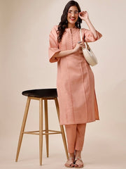 Mandarin Collar Pleated Regular Kurta with Trousers - Inddus.com
