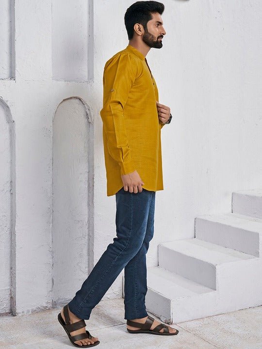 Mandarin Collar Roll Up Sleeves Straight Short Kurta - Inddus.com