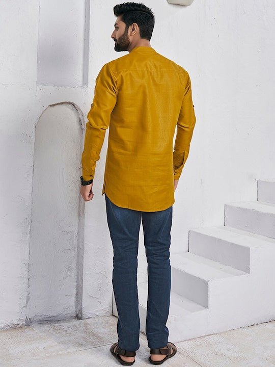 Mandarin Collar Roll Up Sleeves Straight Short Kurta - Inddus.com