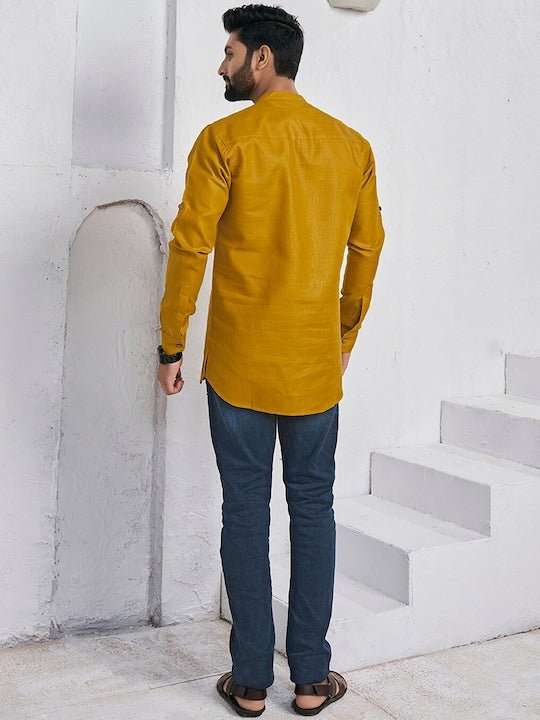 Mandarin Collar Roll Up Sleeves Straight Short Kurta - Inddus.com