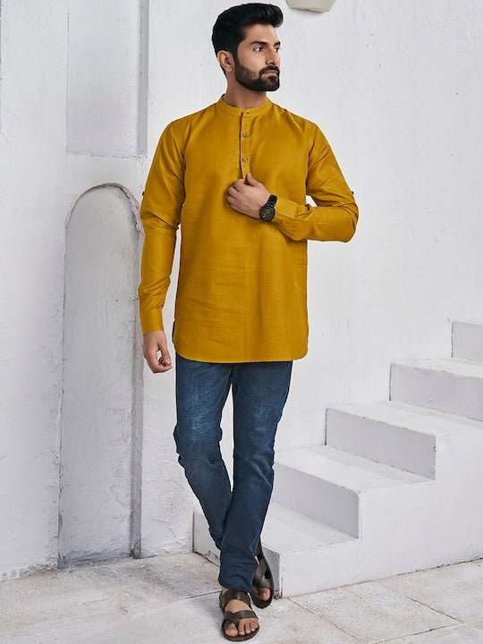 Mandarin Collar Roll Up Sleeves Straight Short Kurta - Inddus.com