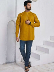 Mandarin Collar Roll Up Sleeves Straight Short Kurta - Inddus.com