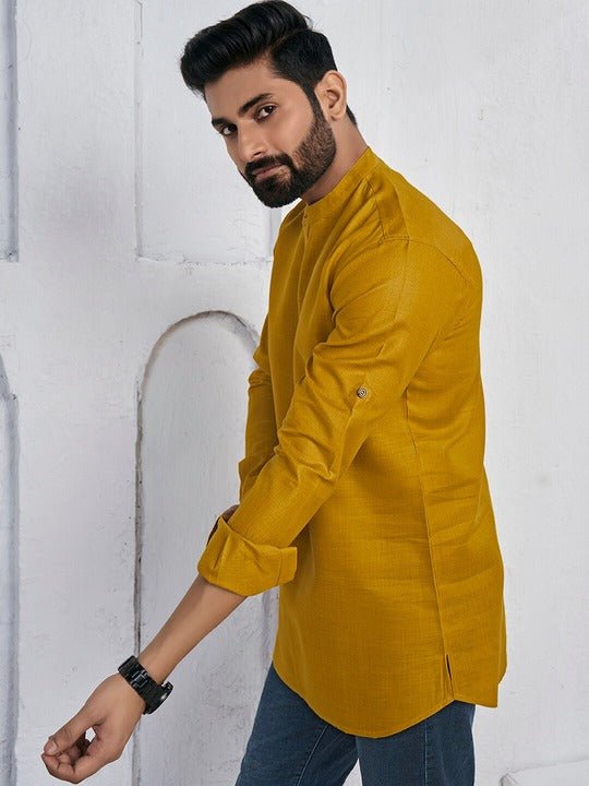 Mandarin Collar Roll Up Sleeves Straight Short Kurta - Inddus.com