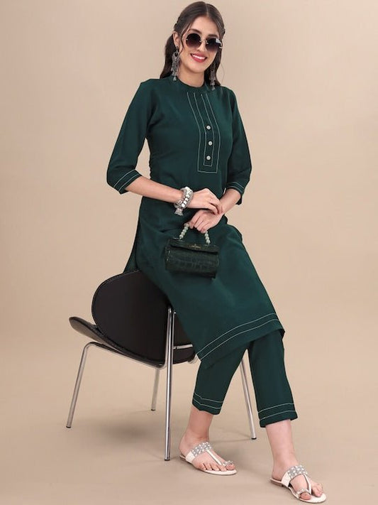 Mandarin Collar Straight Kurta with Trousers - Inddus.com