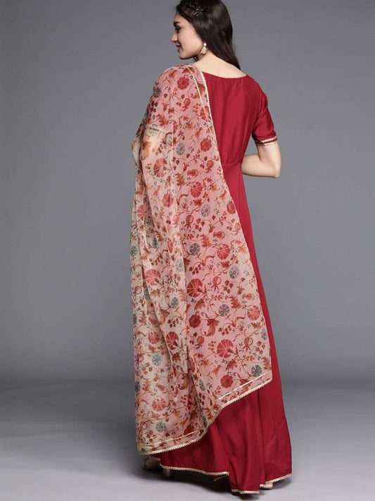 Maroon Anarkali Kurta with Dupatta - Inddus.com