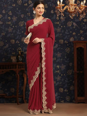 Maroon and gold-toned Embroidered Saree - Inddus.com