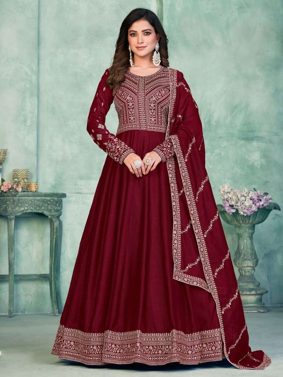 Buy Inddus Magnificent Maroon Art Silk Festive-Wear Anarkali-Suit Online M-38 Buy Inddus Magnificent Maroon Art Silk Festive-Wear Anarkali-Suit Online M-38