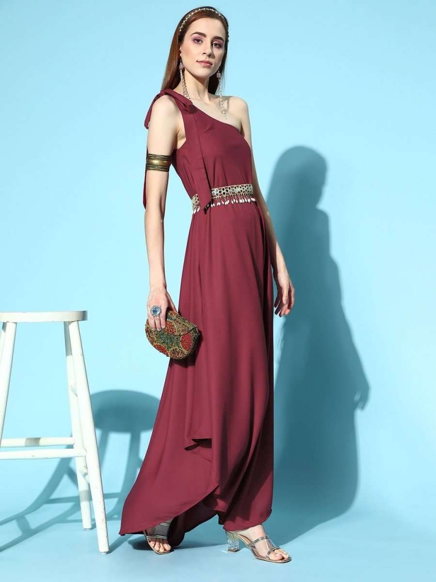 Maroon Asymmetric Gown with Mirror Embellished Belt - Inddus.com