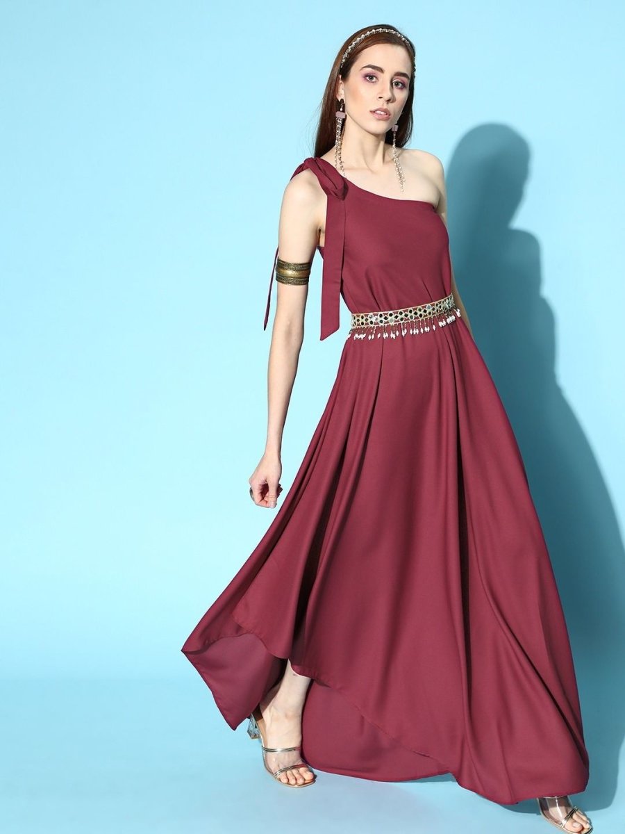 Maroon Asymmetric Gown with Mirror Embellished Belt - Inddus.com