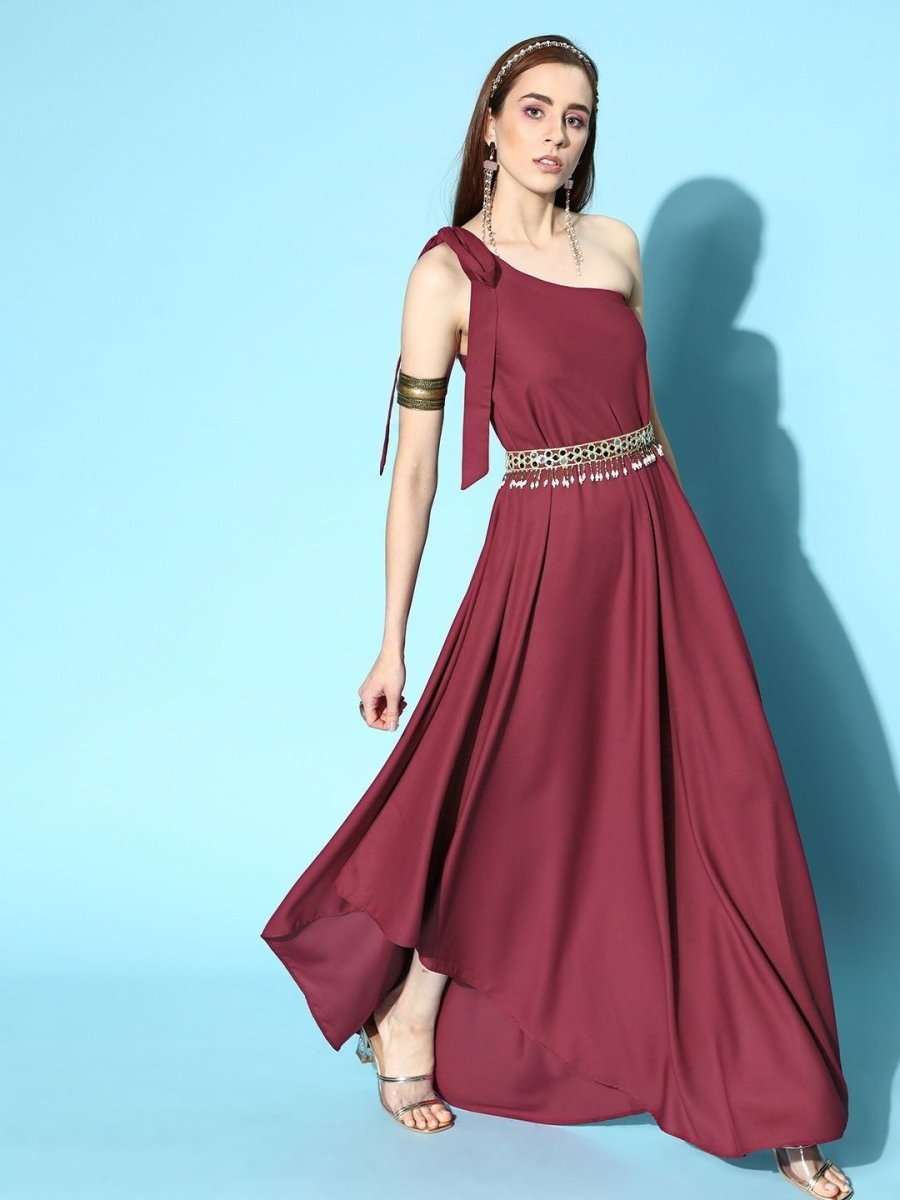 Maroon Asymmetric Gown with Mirror Embellished Belt - Inddus.com
