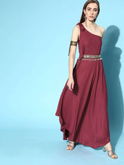 Maroon Asymmetric Gown with Mirror Embellished Belt - Inddus.com