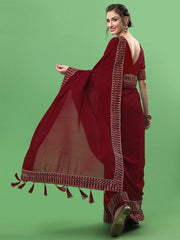 Maroon & Beige Embroidered Silk Blend Saree - Inddus.com