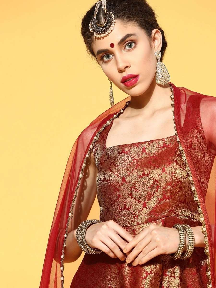 Maroon Brocade Anarkali Kurta with Dupatta - Inddus.com