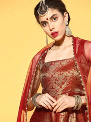 Maroon Brocade Anarkali Kurta with Dupatta - Inddus.com