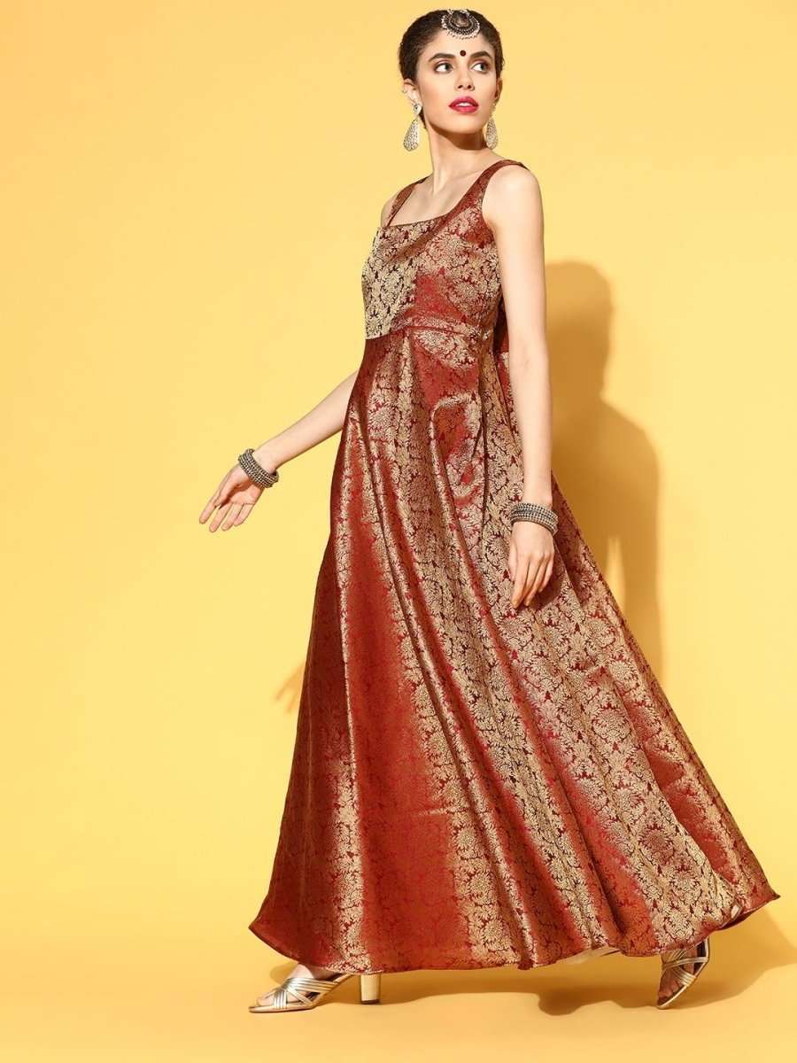 Maroon Brocade Anarkali Kurta with Dupatta - Inddus.com
