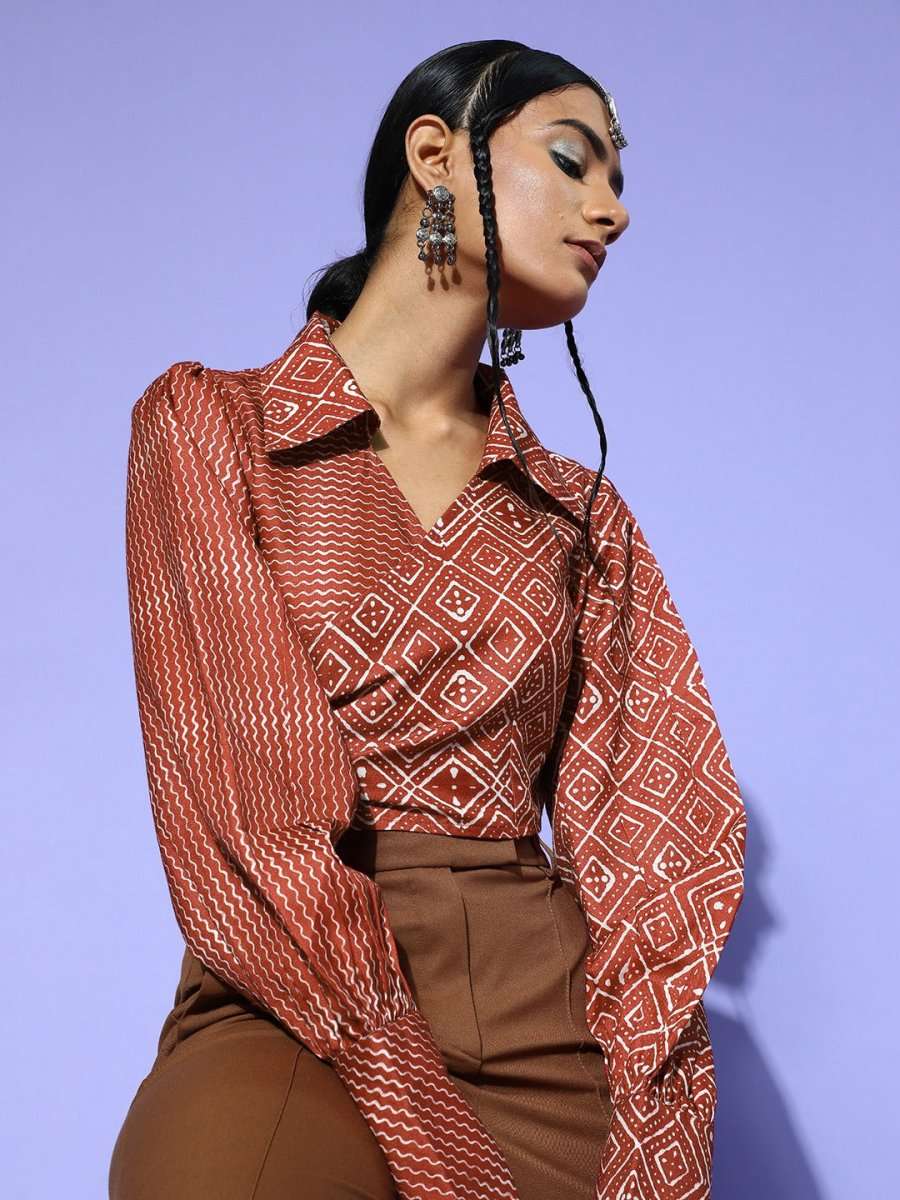 Maroon Cotton Blend Printed Crop Top - Inddus.com