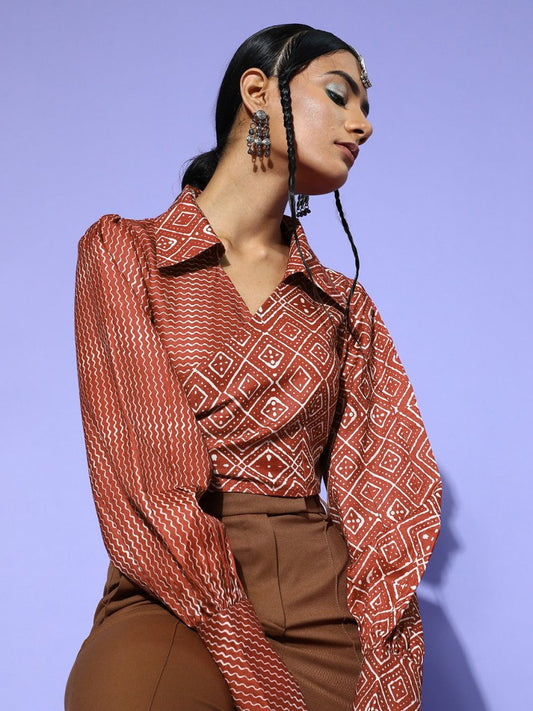 Maroon Cotton Blend Printed Crop Top - Inddus.com