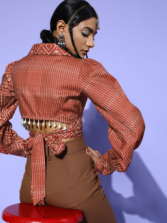 Maroon Cotton Blend Printed Crop Top - Inddus.com
