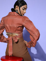 Maroon Cotton Blend Printed Crop Top - Inddus.com