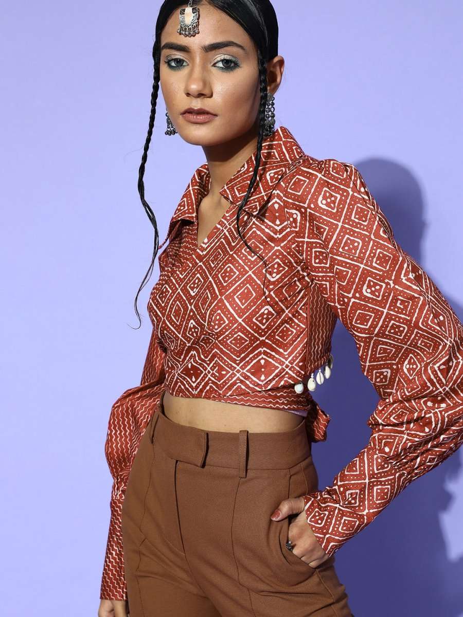 Maroon Cotton Blend Printed Crop Top - Inddus.com