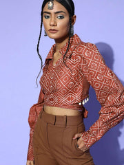 Maroon Cotton Blend Printed Crop Top - Inddus.com