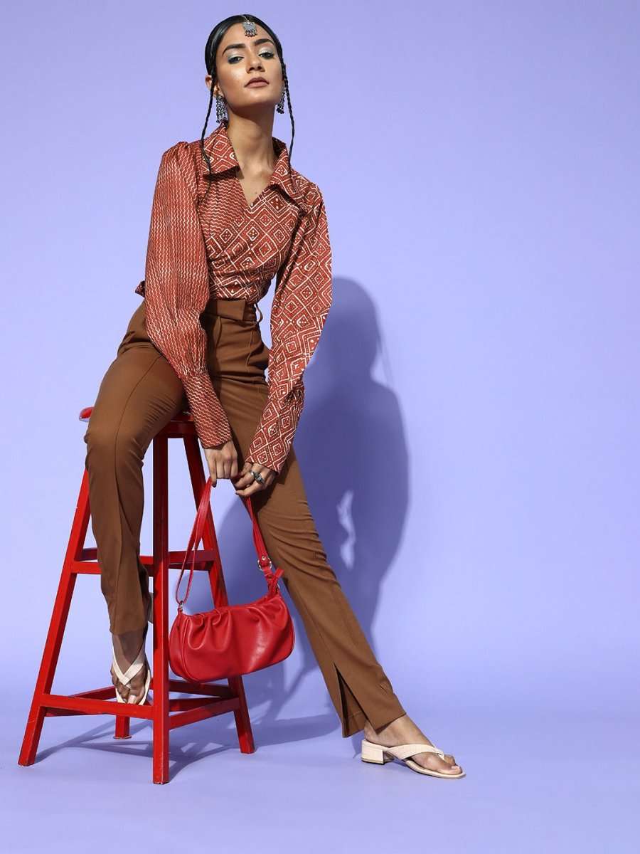 Maroon Cotton Blend Printed Crop Top - Inddus.com