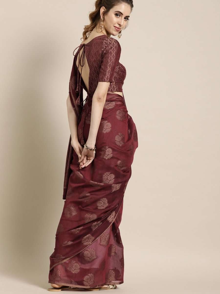 Maroon Cotton Blend Woven Design Party Wear Traditional Saree - inddus-us