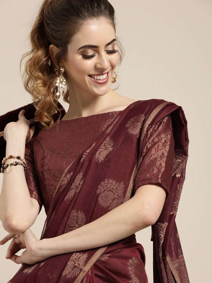 Maroon Cotton Blend Woven Design Party Wear Traditional Saree - inddus-us