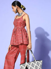 Maroon Cotton Ethnic Printed Co-Ords - Inddus.com