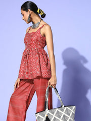 Maroon Cotton Ethnic Printed Co-Ords - Inddus.com