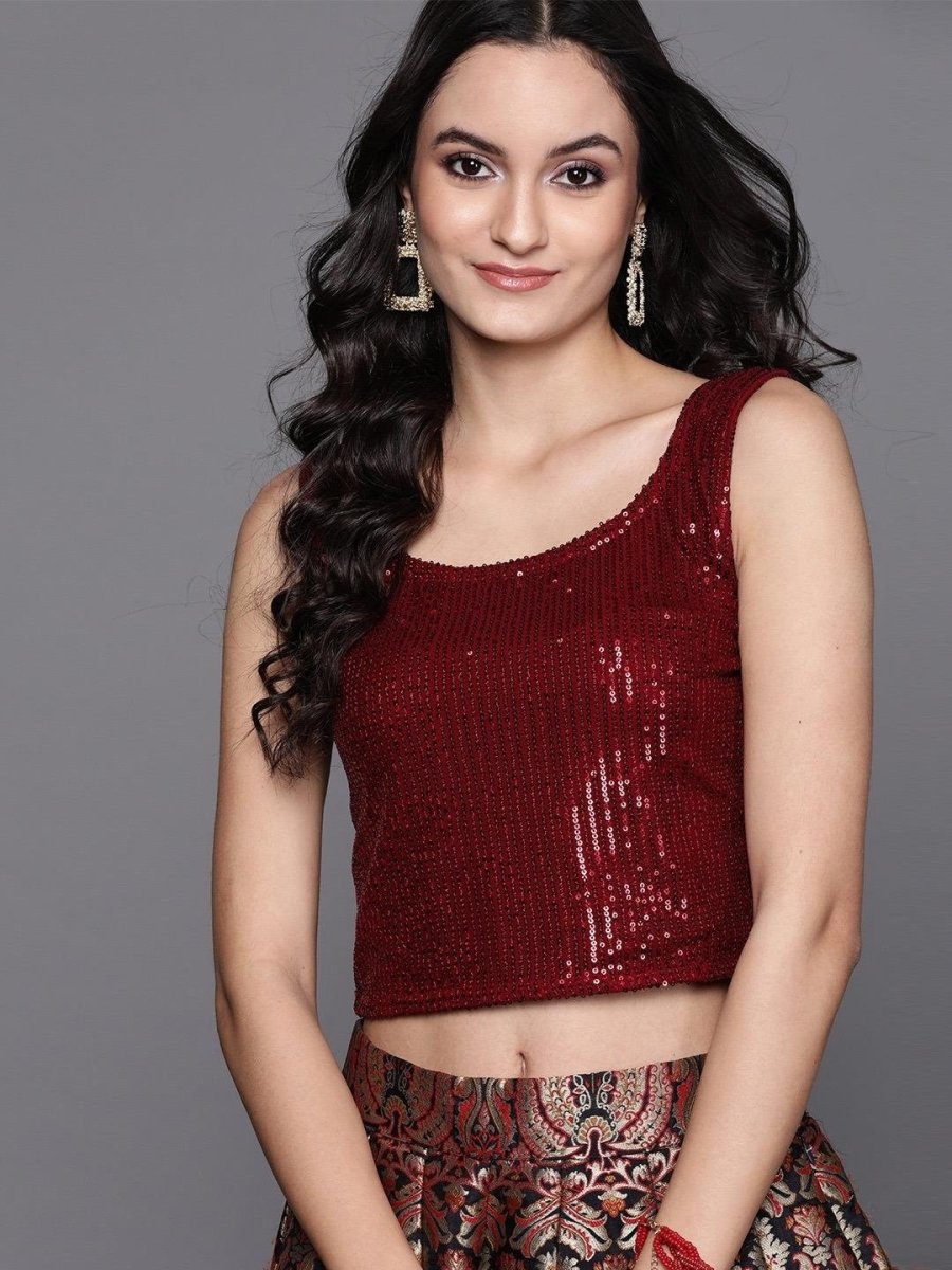 Maroon Embellished Crop Top - inddus-us