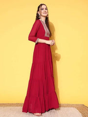 Maroon Embellished Embroidered Georgette Ethnic Maxi Dress - Inddus.com