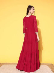 Maroon Embellished Embroidered Georgette Ethnic Maxi Dress - Inddus.com