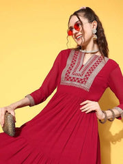 Maroon Embellished Embroidered Georgette Ethnic Maxi Dress - Inddus.com