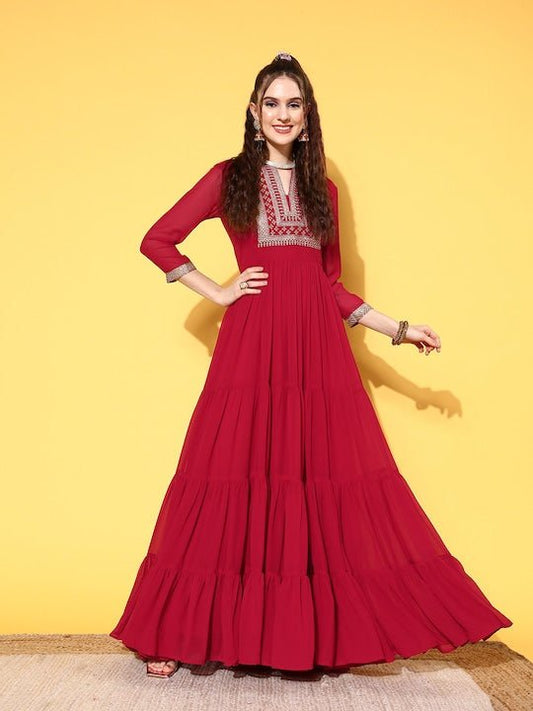 Maroon Embellished Embroidered Georgette Ethnic Maxi Dress - Inddus.com