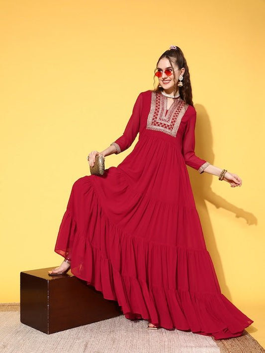 Maroon Embellished Embroidered Georgette Ethnic Maxi Dress - Inddus.com