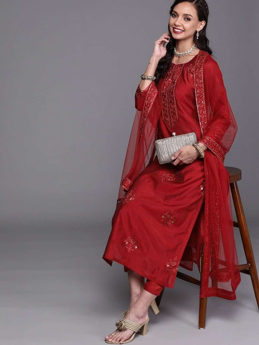 Maroon Embroidered Kurta with Trousers and Dupatta - Inddus.com