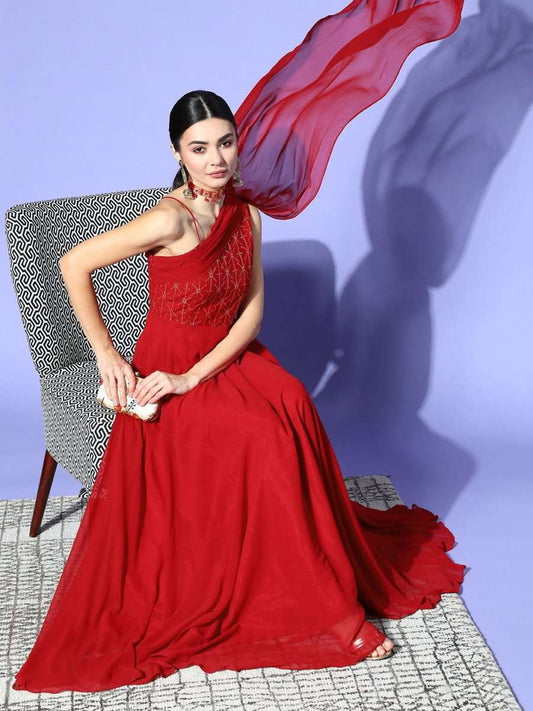 Maroon Embroidered One Shoulder Gown with Dupatta - Inddus.com